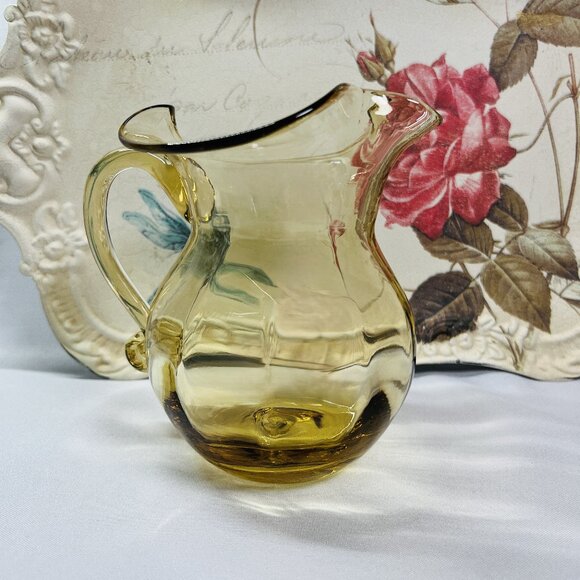 Rainbow Glass Golden Amber Pitcher Mid-20th Century Hand Blown Creamer 6” - Picture 3 of 11